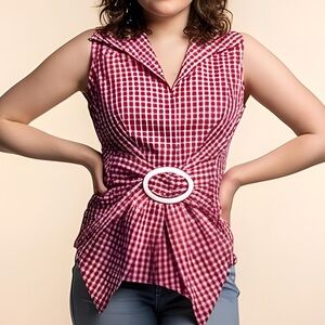 Vintage Y2K Debbie Shuchat pink gingham tie front preppy blouse‎ -- XL